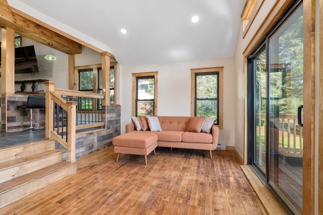 living room with wood-type flooring and vaulted ceiling