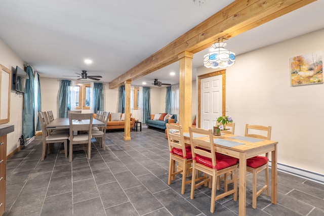 dining room featuring baseboard heating and ceiling fan