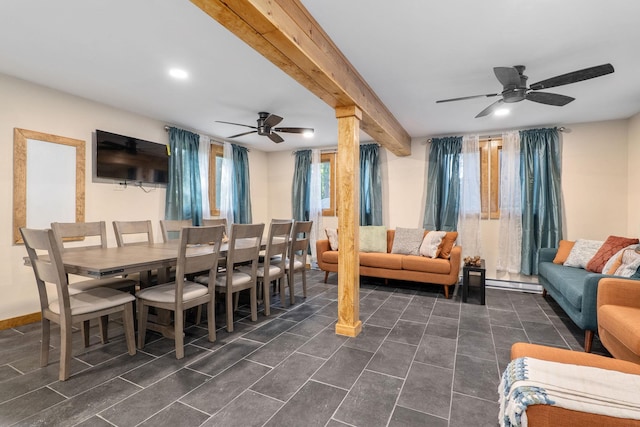 dining room with ceiling fan and baseboard heating