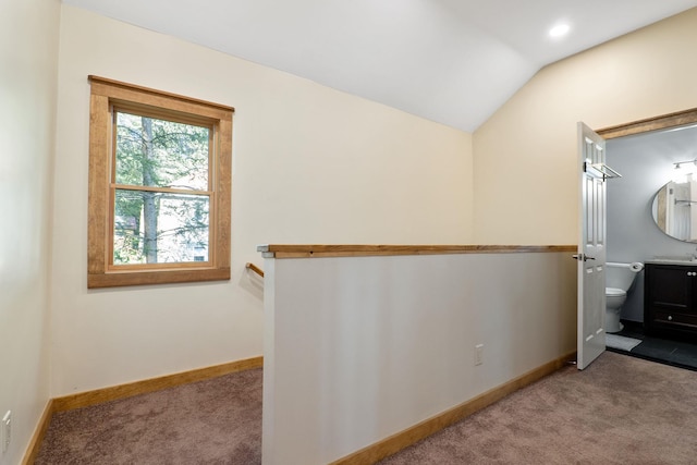 interior space featuring toilet, vanity, and vaulted ceiling