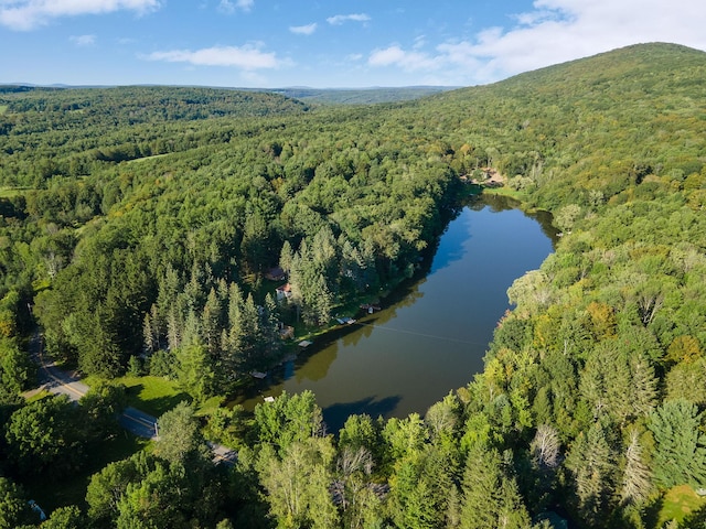 aerial view featuring a water and mountain view