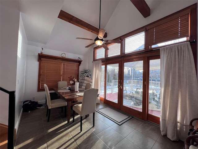 dining room featuring beamed ceiling, ceiling fan, tile patterned floors, and high vaulted ceiling