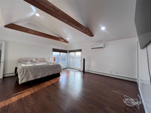 bedroom featuring a baseboard heating unit, lofted ceiling with beams, and an AC wall unit