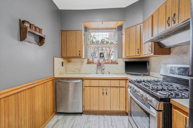 kitchen featuring tasteful backsplash, appliances with stainless steel finishes, sink, and light hardwood / wood-style floors