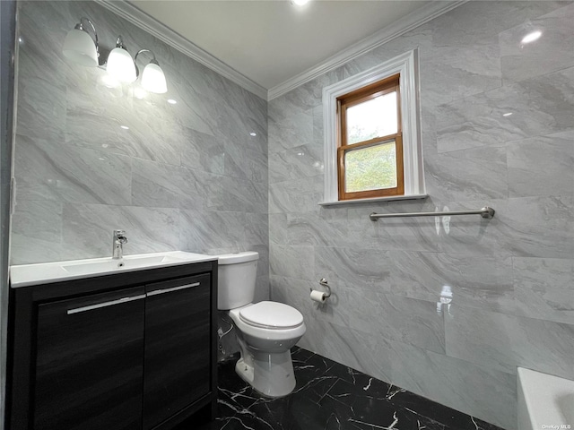 bathroom featuring toilet, vanity, tile walls, and ornamental molding