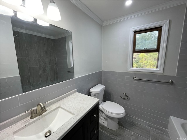 full bathroom featuring toilet, vanity, tile walls, separate shower and tub, and crown molding