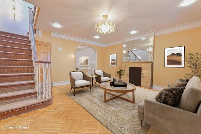 living room with parquet floors and crown molding