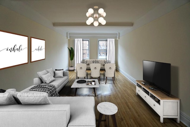 living room featuring a notable chandelier, beamed ceiling, and dark hardwood / wood-style floors