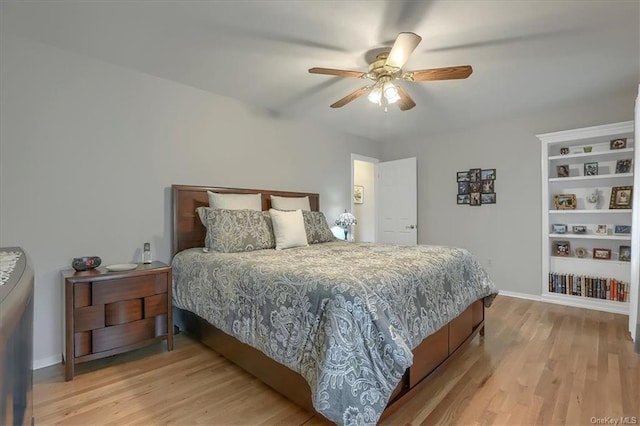 bedroom with ceiling fan and light hardwood / wood-style flooring