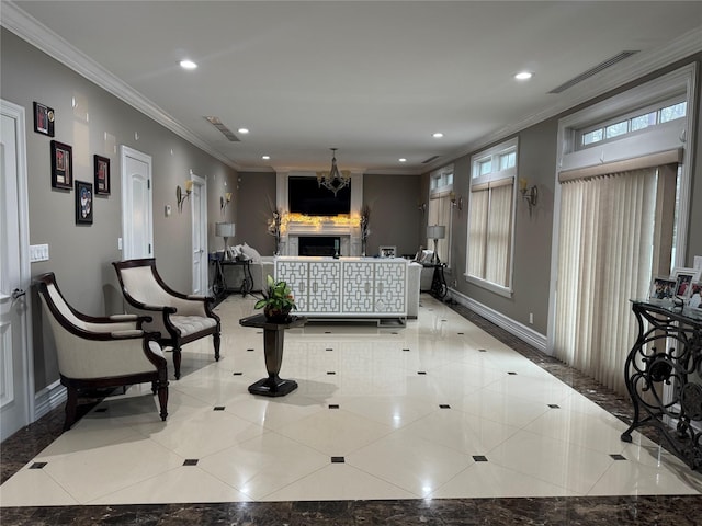 living room with light tile patterned floors and ornamental molding