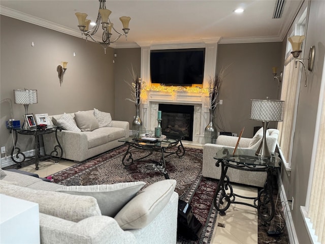 tiled living room featuring a chandelier and ornamental molding