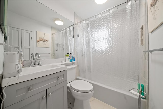 full bathroom with toilet, vanity, shower / bath combo, and tile patterned flooring