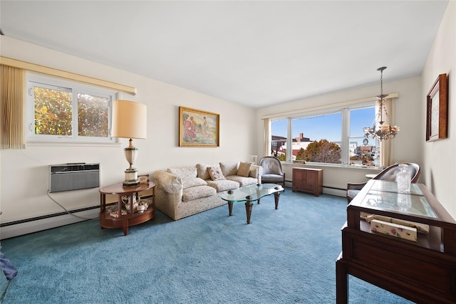 carpeted living room with a wall unit AC and a notable chandelier