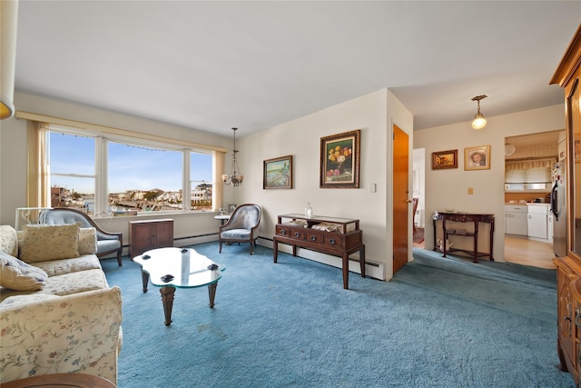 living room featuring light colored carpet and a baseboard radiator