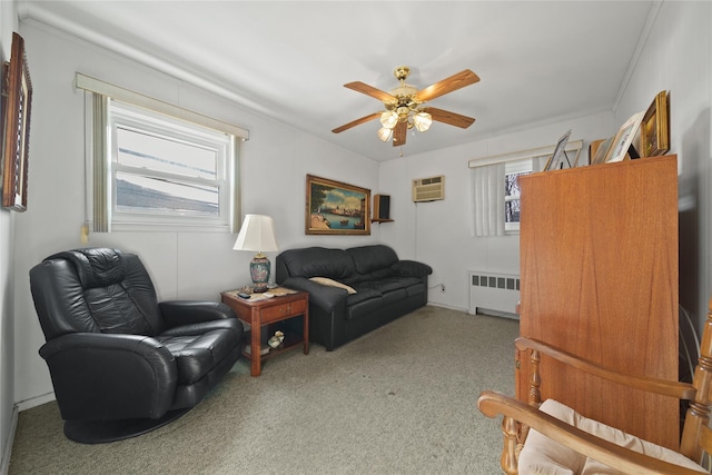 living room featuring light colored carpet, radiator, an AC wall unit, and ceiling fan