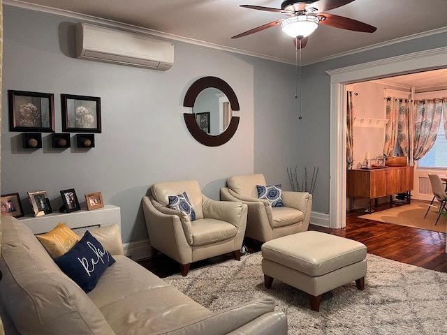 living room featuring ceiling fan, hardwood / wood-style floors, crown molding, and a wall mounted AC