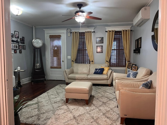 living room featuring ceiling fan, dark hardwood / wood-style flooring, crown molding, and a wall mounted air conditioner