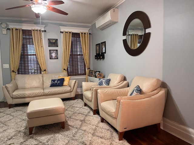 living room featuring ceiling fan, crown molding, wood-type flooring, and an AC wall unit