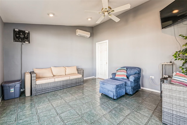 interior space with outdoor lounge area, a wall mounted AC, and ceiling fan