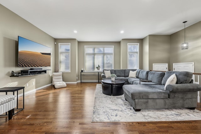 living room featuring dark wood-type flooring