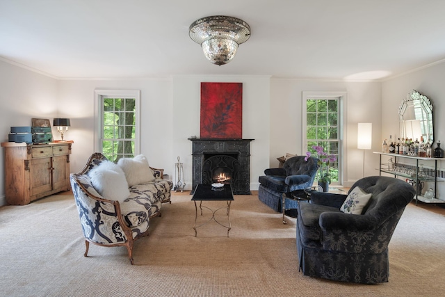 living room with ornamental molding, carpet, and plenty of natural light