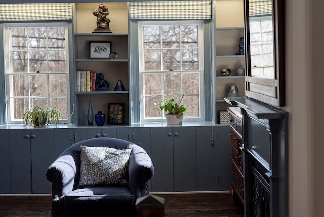 sitting room featuring built in features and dark hardwood / wood-style floors