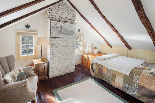 bedroom featuring lofted ceiling with beams and dark wood-type flooring