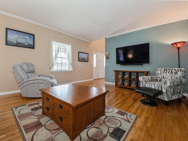 living room featuring ornamental molding and light wood-type flooring