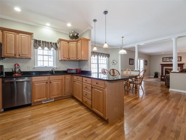 kitchen with pendant lighting, crown molding, stainless steel dishwasher, kitchen peninsula, and ornate columns