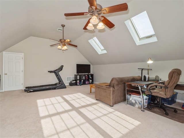 interior space featuring lofted ceiling and light carpet