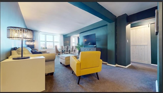 living room featuring dark carpet and beamed ceiling