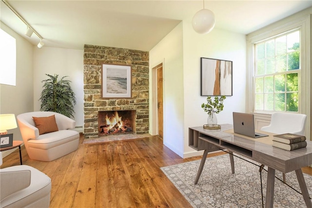 office featuring wood-type flooring, a wealth of natural light, a stone fireplace, and rail lighting