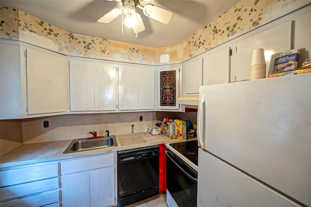 kitchen with white cabinets, dishwasher, white fridge, sink, and range with electric cooktop