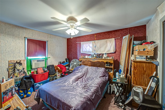 bedroom featuring ceiling fan, cooling unit, and dark colored carpet