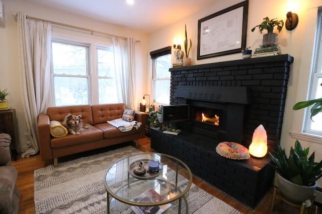 living room with a fireplace and hardwood / wood-style floors