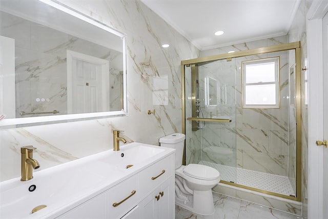 bathroom featuring a shower with shower door, toilet, vanity, and crown molding