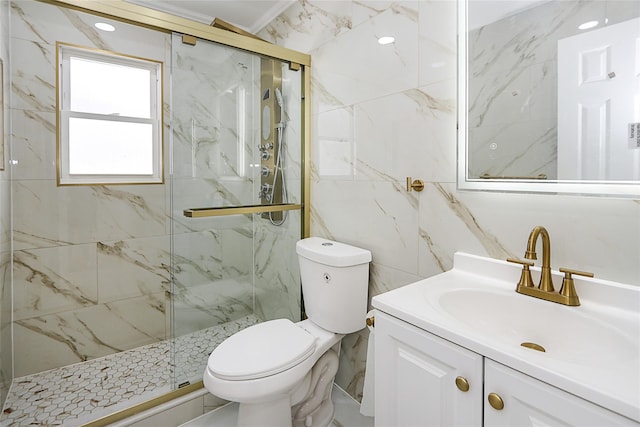 bathroom featuring toilet, walk in shower, ornamental molding, and vanity