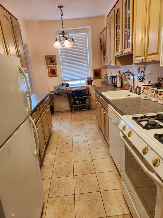 kitchen with backsplash, white appliances, light tile patterned flooring, pendant lighting, and sink