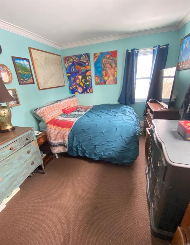 carpeted bedroom with ornamental molding