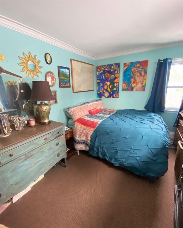 carpeted bedroom featuring ornamental molding