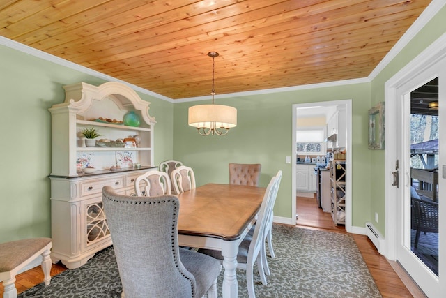 dining area featuring ornamental molding, wood finished floors, and wood ceiling