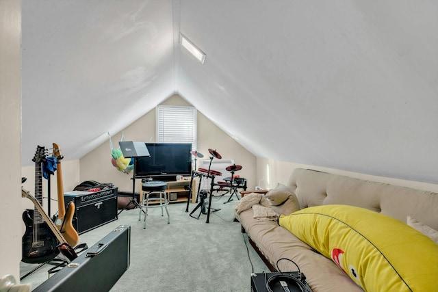 bedroom with lofted ceiling and carpet flooring