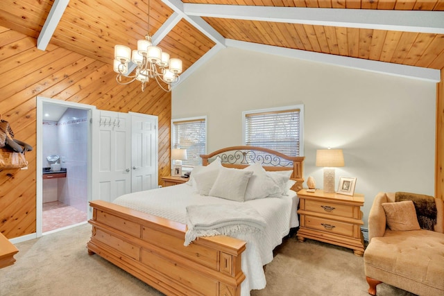 bedroom with wooden ceiling, a notable chandelier, beam ceiling, and light colored carpet