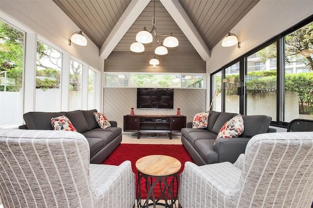 tiled living room featuring vaulted ceiling with beams