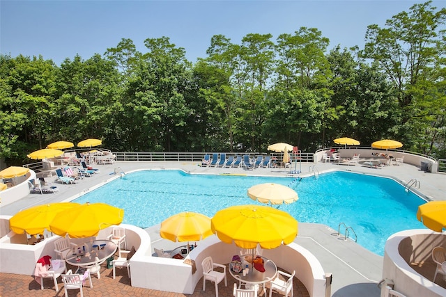 view of swimming pool featuring a patio area