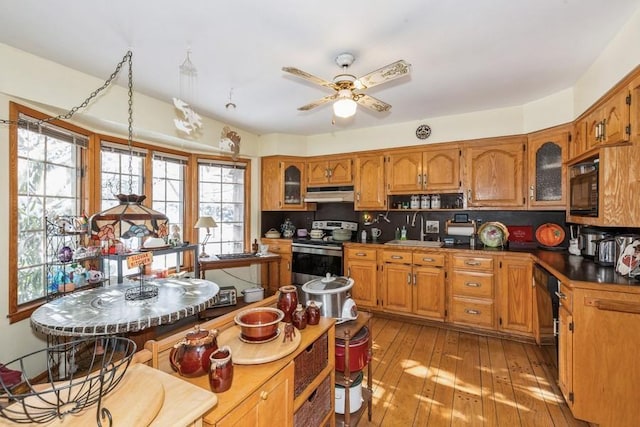 kitchen with ceiling fan, decorative backsplash, light hardwood / wood-style flooring, and black appliances