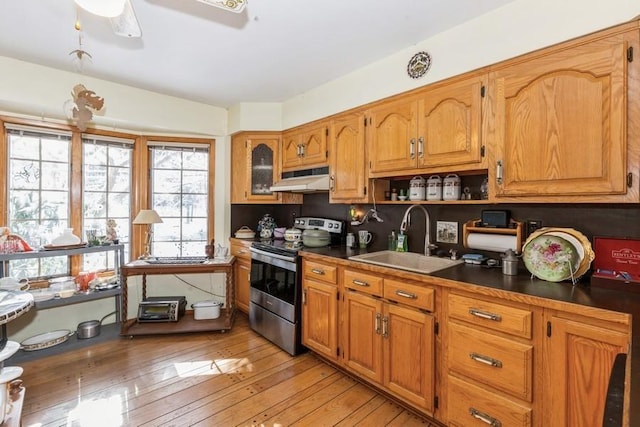 kitchen featuring stainless steel electric stove, sink, ceiling fan, and light wood-type flooring