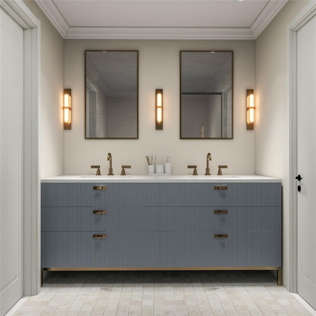 bathroom with double vanity, a sink, and crown molding