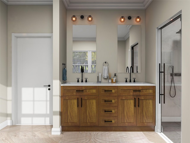 bathroom featuring ornamental molding, a sink, a shower stall, and double vanity