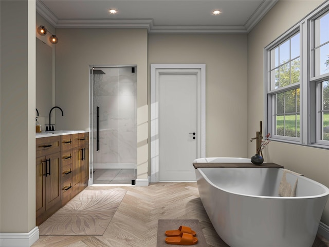 full bath featuring a soaking tub, a shower stall, ornamental molding, and vanity